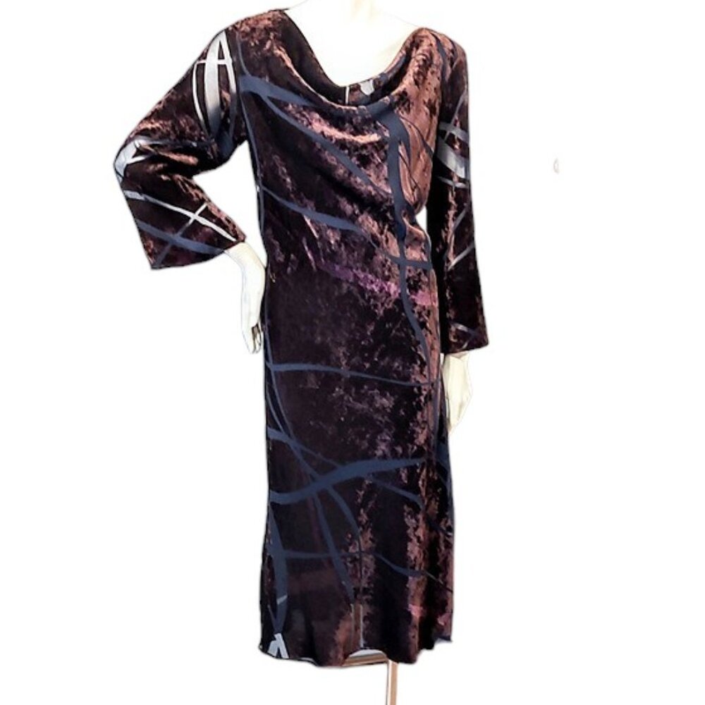 1990s Vintage Burnout Velvet Brown Purple Bias Cut Midi Dress With A Cowl Neck